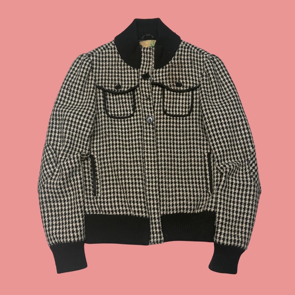 Billabong Womens Houndstooth Bomber Jacket Black White Zip Up Size Small